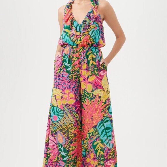 Trina Turk Jumpsuit Jacksonville Sz  XS Floral Wide leg Ruffle Halter Top - Picture 9 of 9